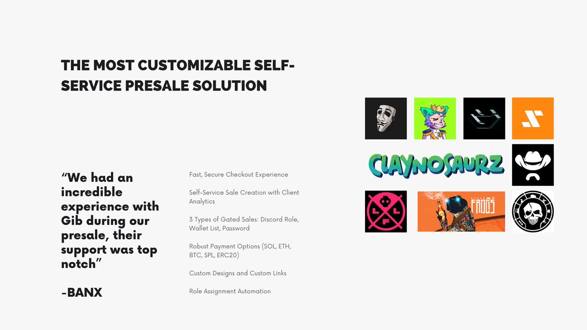 Gib offers the most creator focused features for NFT Presales and our tech includes rigorously tested mechanics that minimize overallocation for hyped or small supply sales

Gib is a better way to sell presales 🤌