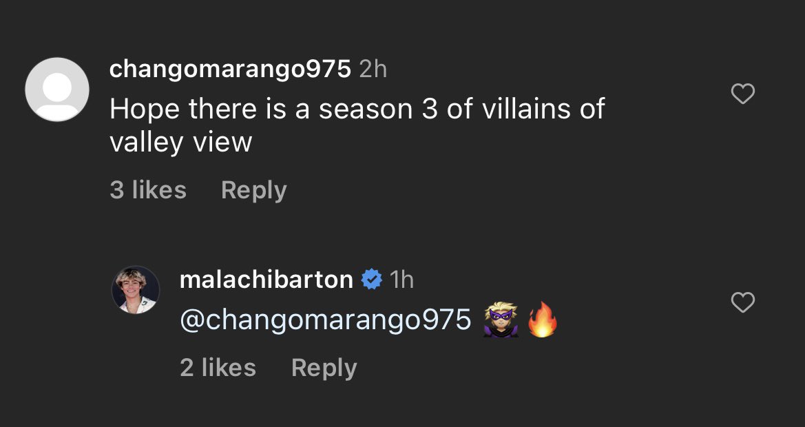 envymadsbrina's tweet photo. malachi’s reply about a possible S3 for #villainsofvalleyview !! 💜 really hope they announce if there’s a S3 soon 🤞🏼 https://t.co/GeAt9TXCgK