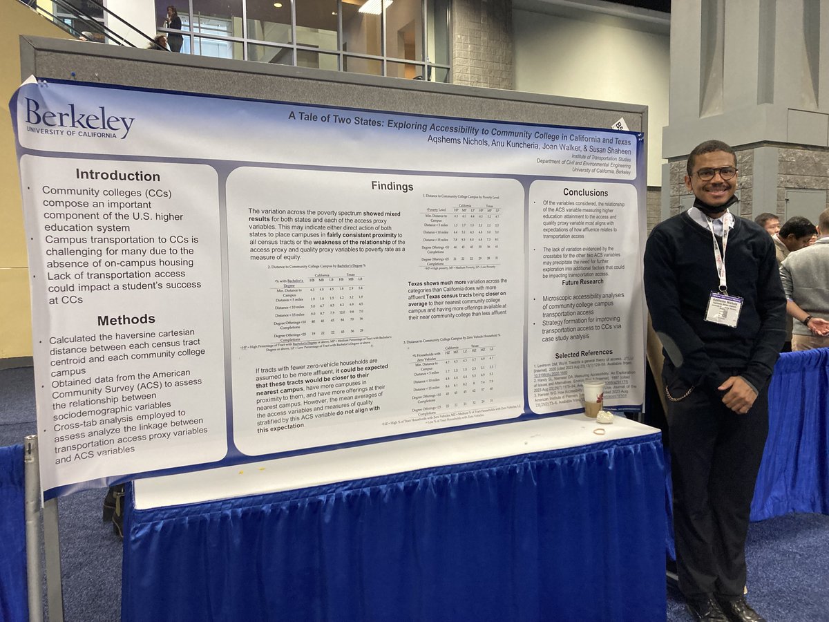 Great to see SafeTREC GSR/@TSRCITSBerkeley, @BerkeleyITS @Cal_Engineer PhD Candidate Aqshems Nichols presenting 'A Tale of Two States: Exploring Accessibility to Community College in California and Texas' @NASEMTRB #TRBAM - come learn about his research now at poster B513