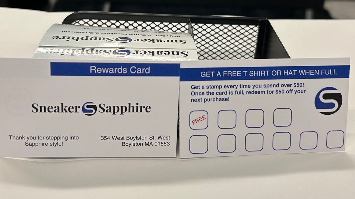 Introducing Sneaker Sapphire rewards card! Earn a stamp each time you spend $50 or more! Once the card is full you will recieve $50 credit towards your next purchase AND your choice of a Sneaker Sapphire hat or shirt.