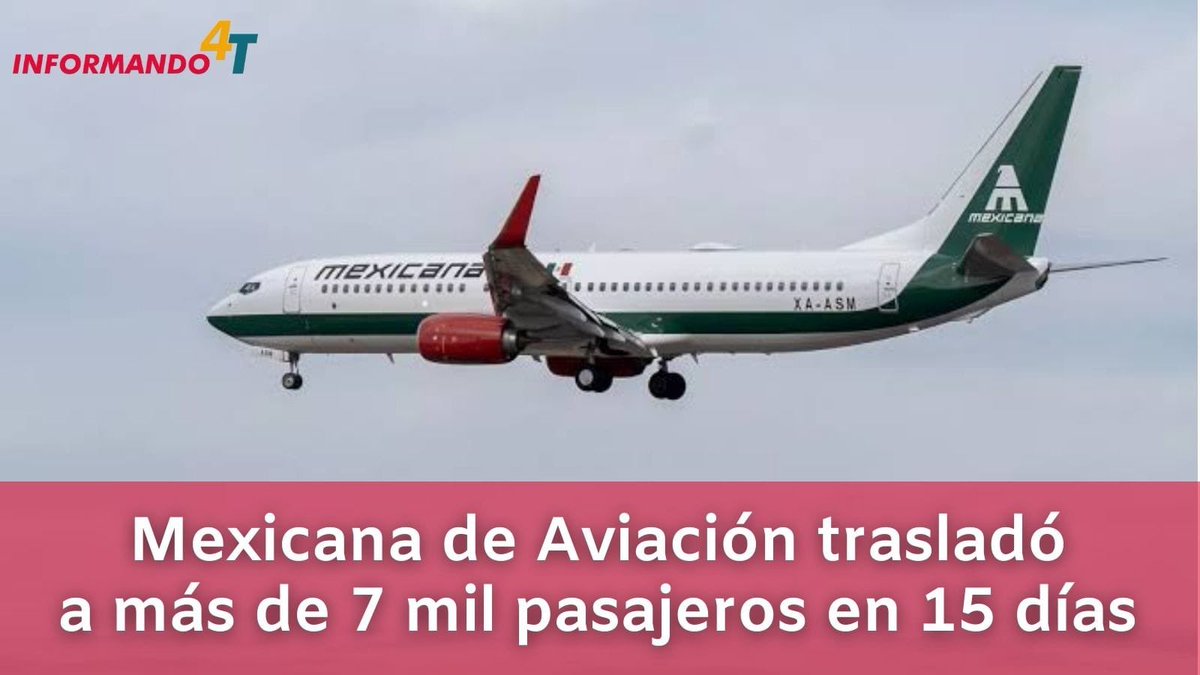 Informando4T's tweet photo. 📌 En sus primeros 15 días de servicio, Mexicana de Aviación ha realizado 220 vuelos, un promedio de 16 diarios, esto es, 112 semanales con una proyección de 448 al mes. Esto implica haber trasladado a 7 mil 829 pasajeros a los 15 destinos que actualmente mantiene la aerolínea. https://t.co/gvTVnoge3I