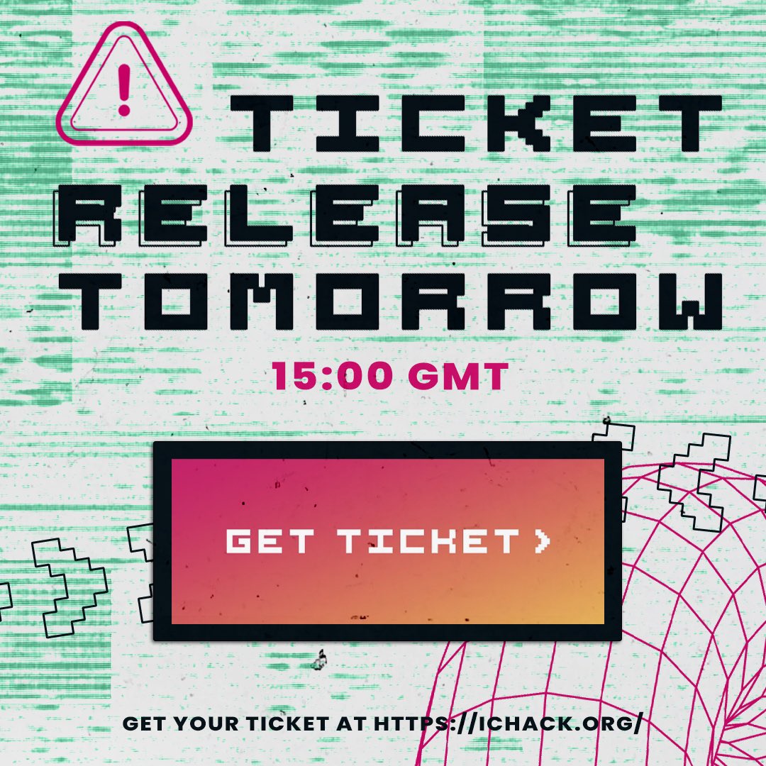 ICHackUK's tweet photo. Less than 24 hours left before the first release of IC Hack 24 tickets! Tickets will be available at https://t.co/ZJVLByF4Ry from 3pm TOMORROW (Wednesday 10th Jan).

We anticipate that the tickets will be gone in under 5 seconds, so you'll have to be very quick! https://t.co/cuwrImQ9hX