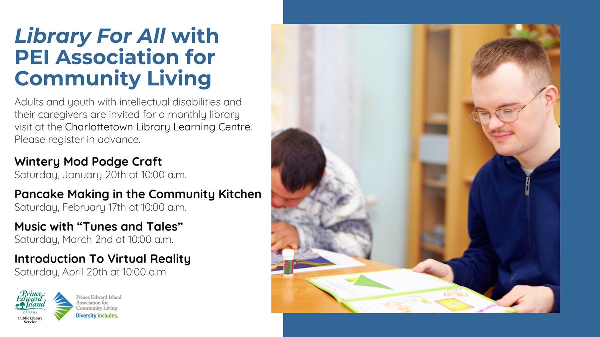PEIACL's tweet image. The Winter 2024 schedule is out for our great partnership with the Charlottetown Library Learning Centre!! 
Be sure to check out these monthly sessions. 
#LibraryForAll #Community #WinterFun
Call the library to register: 902-368-4642