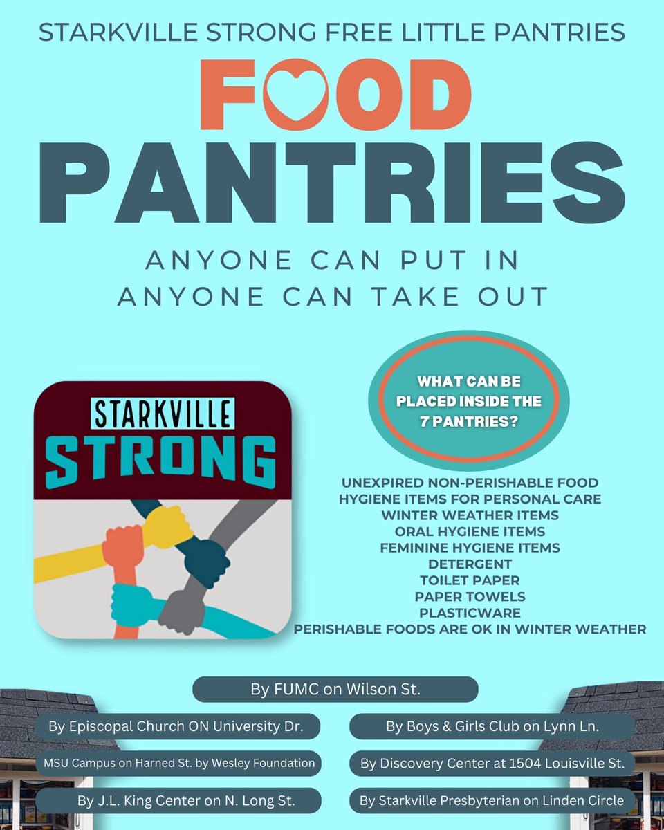 Stk_Strong's tweet photo. Starkville Strong has 7 Free Little Pantries we fill daily to help fight food insecurity and to meet the basic needs of local neighbors who have a lower quality of life than others.  

#StarkvilleStrong #FeedTheNeed #NonProfit #VolunteerLed #BetterTogether #HelpUsHelpOthers https://t.co/edEbbMBPMT