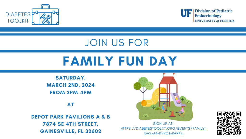 Come join us for the third annual Family Day at Depot Park! Bring your friends and family and join other members of the Gainesville diabetes community for a day of fun and friendship. Sign up at: diabetestoolkit.org/events/family-… Date: Saturday, March 2, 2024 Time: 2 to 4 PM Location: