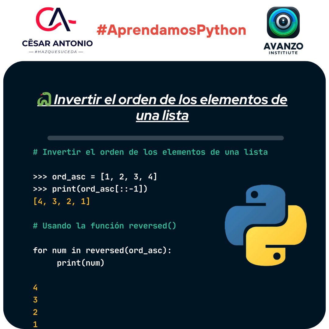 EntumenTv's tweet image. #AprendamosPython - Cómo invertir el orden de los elementos de una lista.
#Python #pythonprogramming