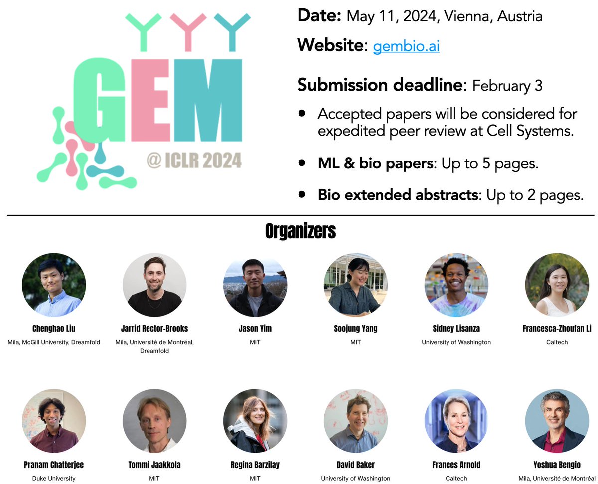 Announcing the Generative and Experimental Perspectives for Biomolecular Design workshop at #iclr2024! We hope to bring together researchers in ML and experimental biology to accelerate progress on real-world applications. Website: gembio.ai Paper deadline: Feb 3