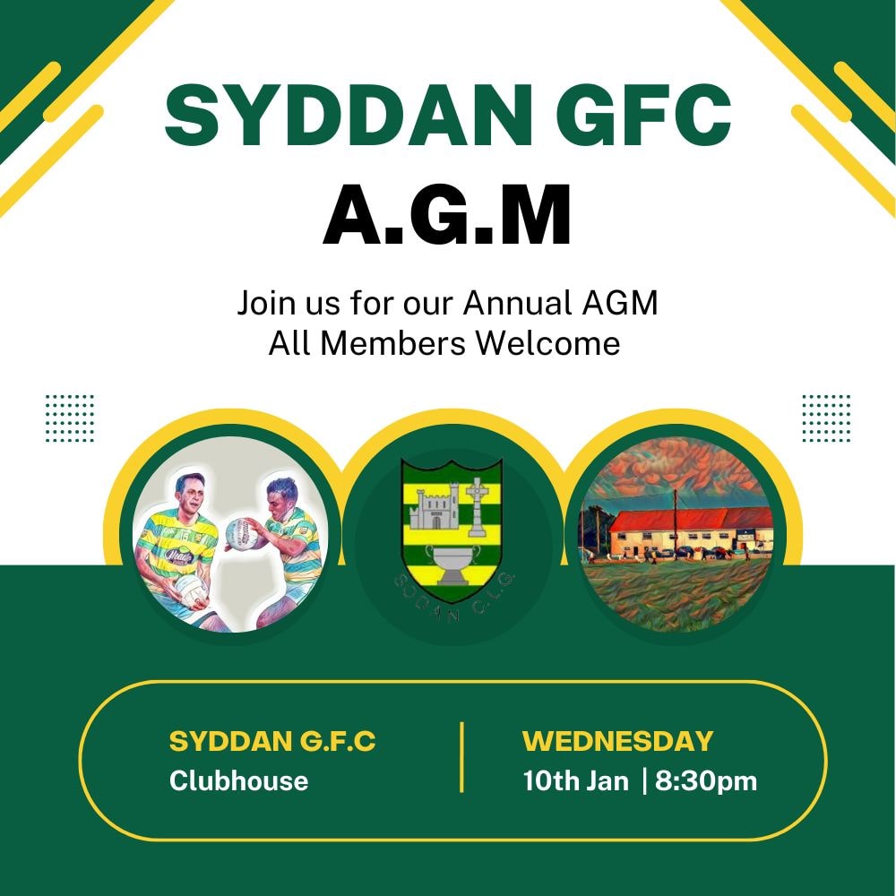Syddans AGM will take place on Wednesday the 10th of January at 8.30pm in the clubhouse.  All welcome to attend. 👍

#syddangaa #syddangfc #ClubLotto #MeathGAA #community