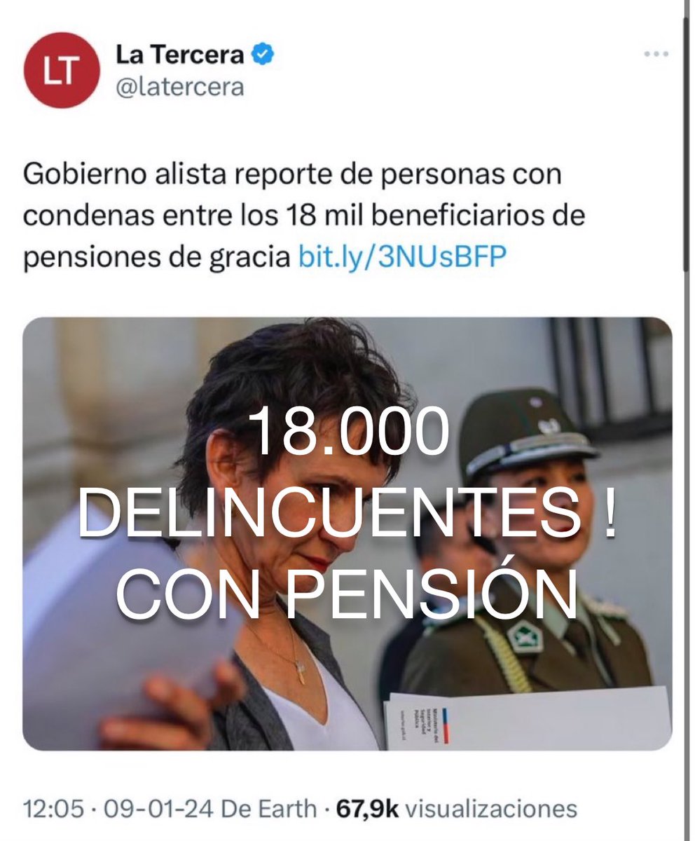 VisceralPatriot's tweet photo. Que le pasa a este gobierno de imbeciles! 18.000 (diez y ocho MIL ! ) delincuentes con pensión vitalicia con tus impuestos
Esto es un escándalo de marca mayor
DEBEN RENUNCIAR AHORA!
#Chile #Basta #Boric
Y la oposición? @udipopular @RNchile @evopoli @PRChile https://t.co/AojVSFunNq