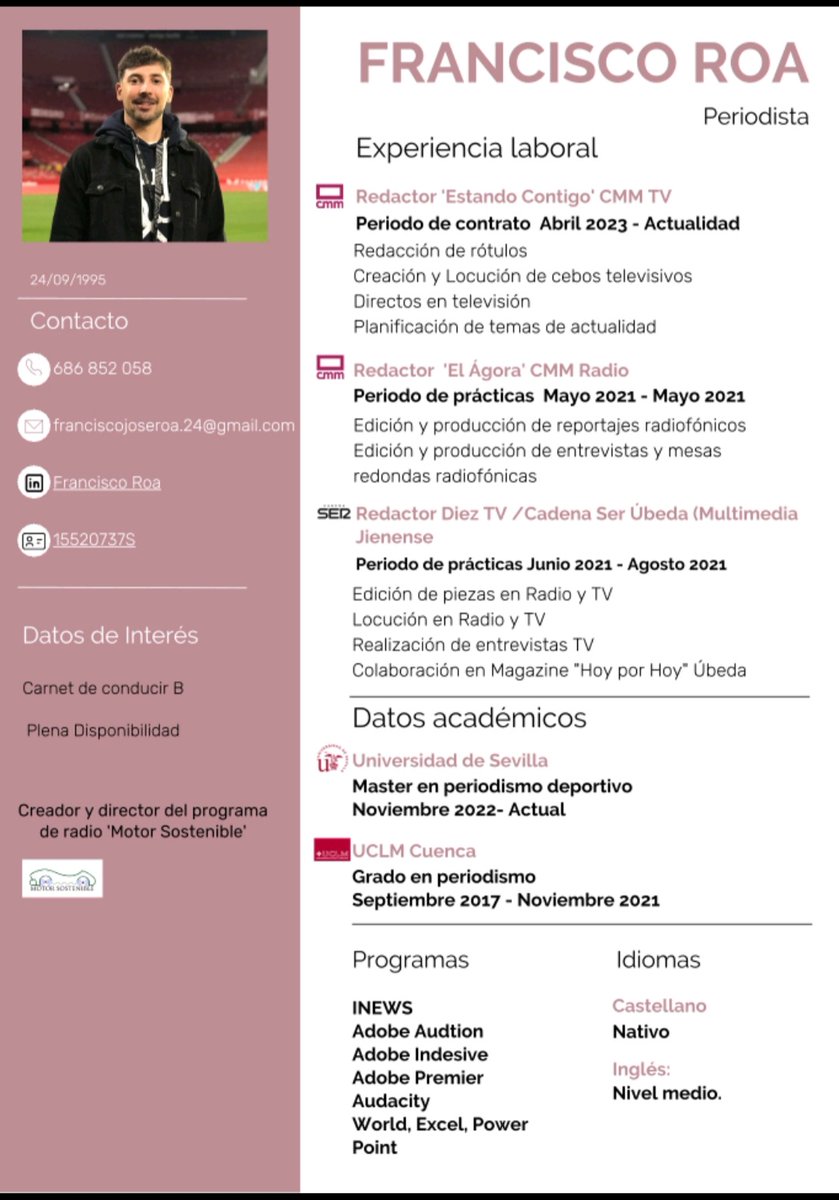 Actualmente estoy realizando un máster en periodismo deportivo y a partir del 1 de mayo comienza el periodo de prácticas.
Estoy en búsqueda activa de un medio de comunicación deportiva que realice un convenio con la universidad y poder seguir aprendiendo del periodismo deportivo.