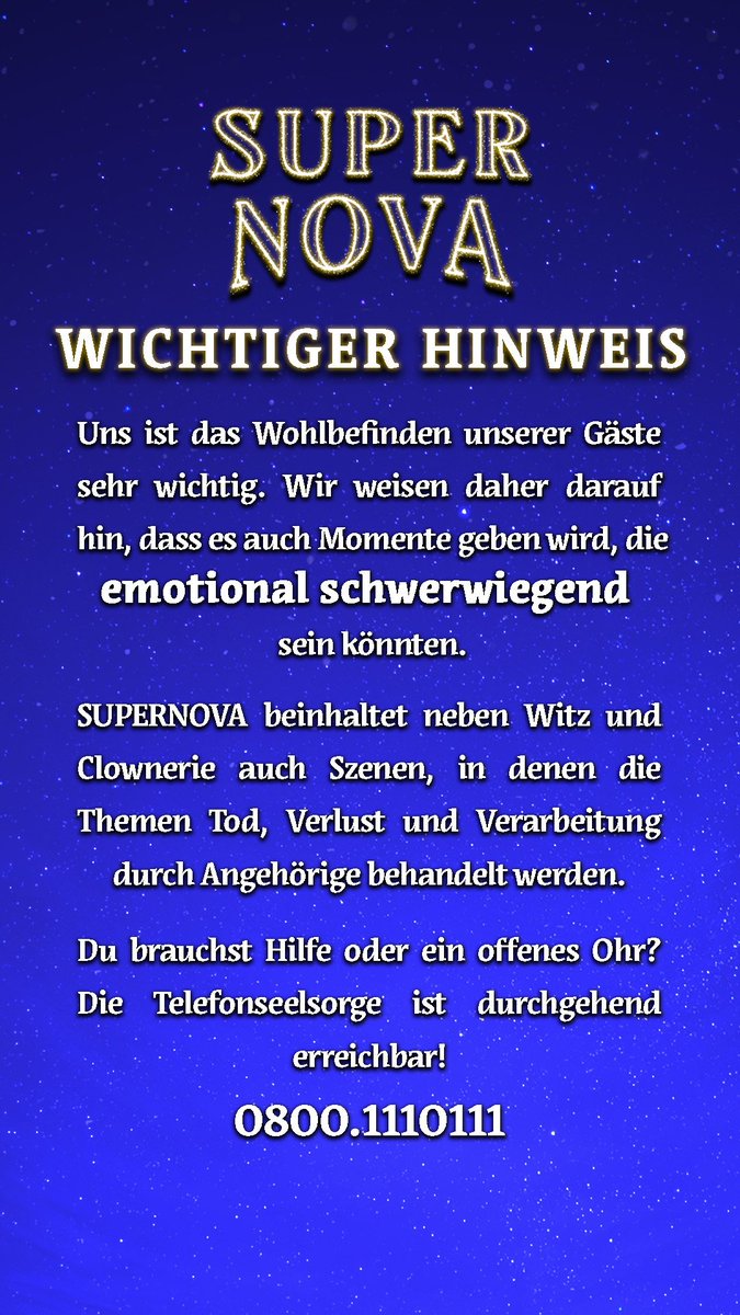 Bald startet die Premiere zu unserem neuen Stück "SUPERNOVA"! Dazu haben wir noch einen Hinweis: