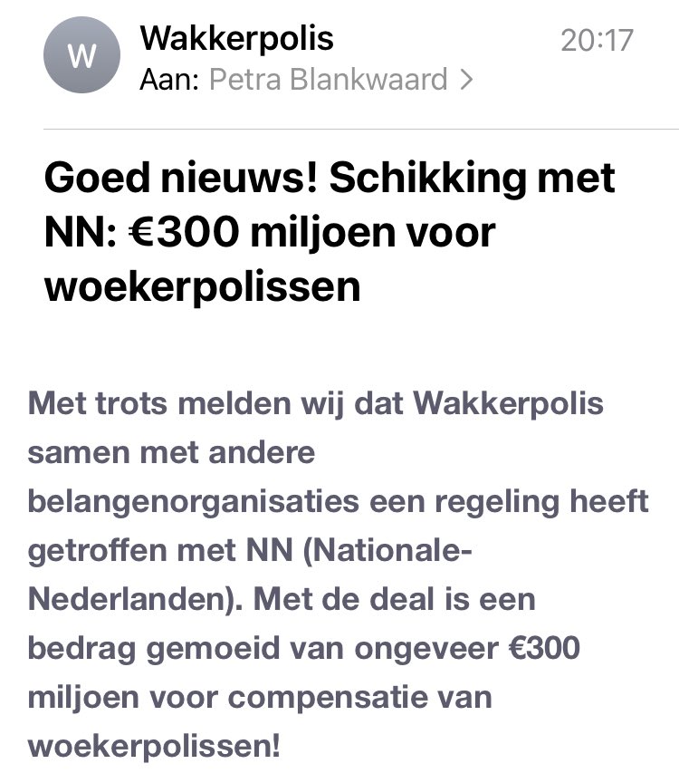 Zo, goed nieuws zeg van <a href="/Wakkerpolis/">Wakkerpolis claims</a> 👍🏼
Schikking met <a href="/nn_nederland/">Nationale-Nederlanden</a> ad € 300 mio. 
Eens zien of dat nog wat schade gaat compenseren #oplichterij