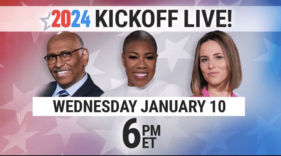 Tune in tomorrow at 6pm ET for the 2024 Live Kickoff as the hosts of @MSNBC's 'The Weekend' preview the GOP debate, the Iowa caucuses, and answer your pressing questions about the consequential political year ahead. youtube.com/watch?v=PQClHE…