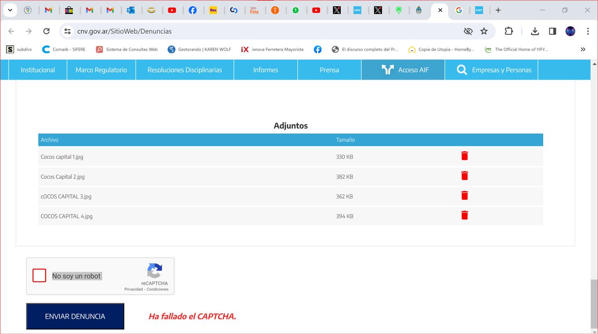 FabianWolf's tweet photo. @CNVArgentina !!! POR QUE NO ME PERMITEN DENUNCIAR A COCOS CAPITAL, SIEMPRE SALE ERROR DE CAPTCHA !!!! https://t.co/mhoRGsTFqW