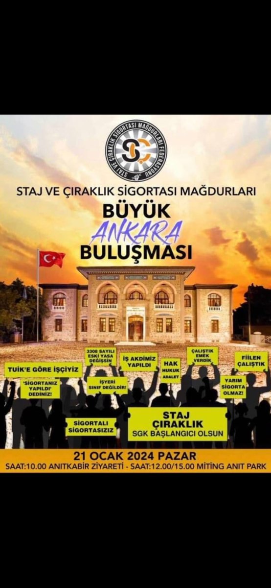 Ankara mitingi çok önemli. 
Mutlaka katılım yapalım lütfen 

Tek isteğimiz...
Staj Çıraklık Ssk başlangıcı olsun 

21 Ocak Ankaradayız #ÇırakStajyerKanunistiyor