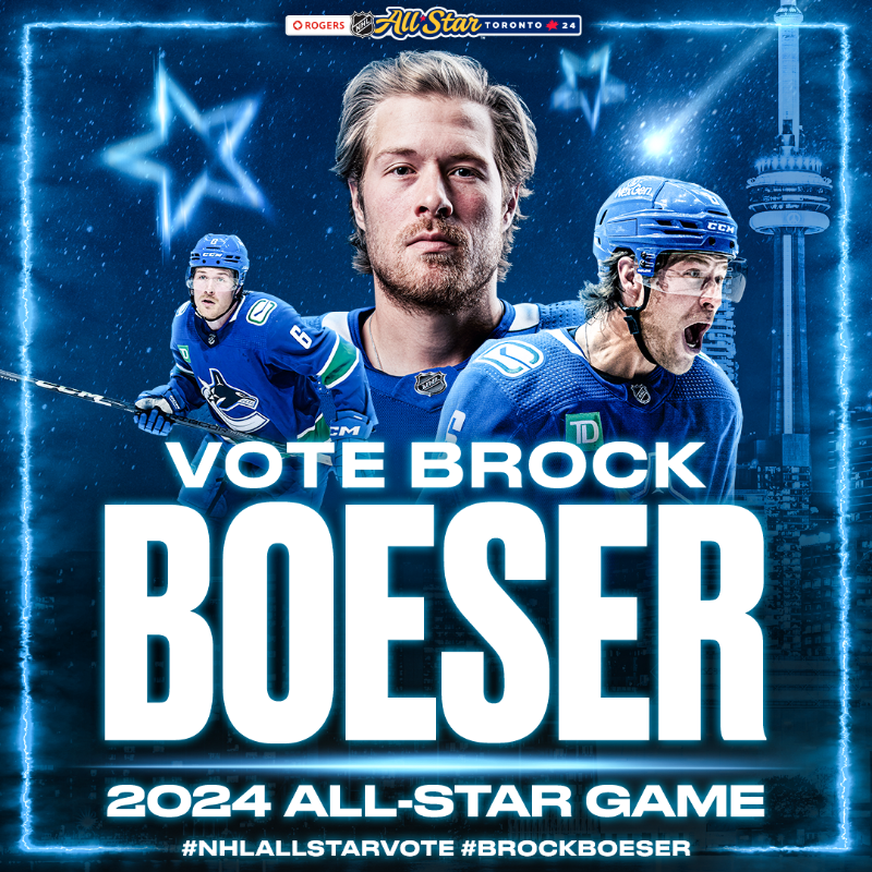 Canucks's tweet photo. MAKE BROCK-STAR AN ALL-STAR! 💫
 
After scoring his 25th goal of the season last night, we need you to help send Brock Boeser to Toronto for the #NHLAllStar Game by voting online at https://t.co/HQ6f7Eco3j.
 
1 RT = 1 #NHLAllStarVote