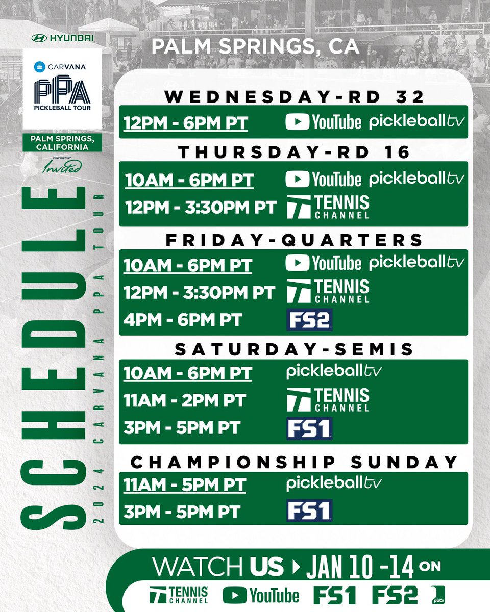 The Hyundai Masters 🏆 powered by @invitedclubs broadcast schedule! 🌴 You can catch every match on Championship Court on @PBTV365 and every match on Grandstand Court on our YouTube channel 📺