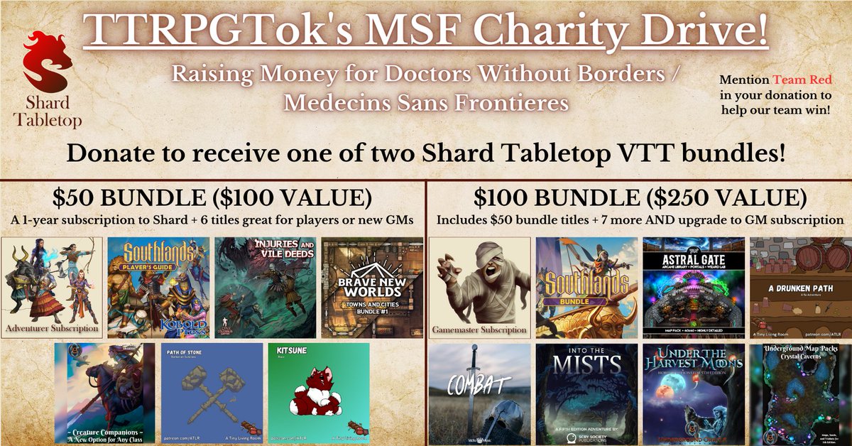 Support <a href="/MSF_USA/">Doctors w/o Borders</a> Doctors Without Borders while stocking up on amazing 5E-compatible products on the best VTT available, <a href="/ShardTabletop/">Shard Tabletop🐲</a>!

tiltify.com/@run-dmg/ttrpg…