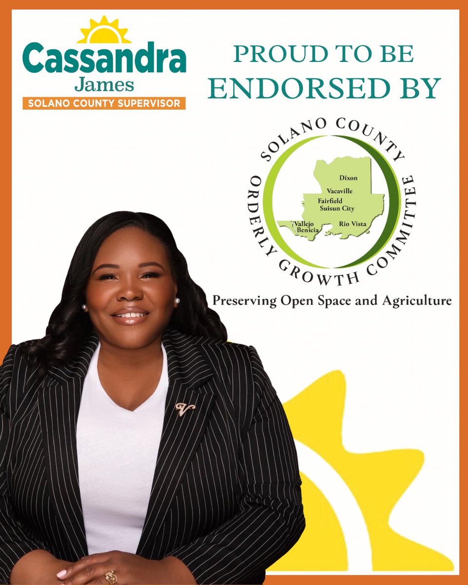 🚨 MAJOR ENDORSEMENT 🚨

I am committed to building partnerships, advocating for environmentally-friendly policies within the county.

It is a honor to have earn the confidence of strong environmental Solano Orderly Growth.  #ItsTimeForAChange

Learn more: ElectCassandraJames.com
