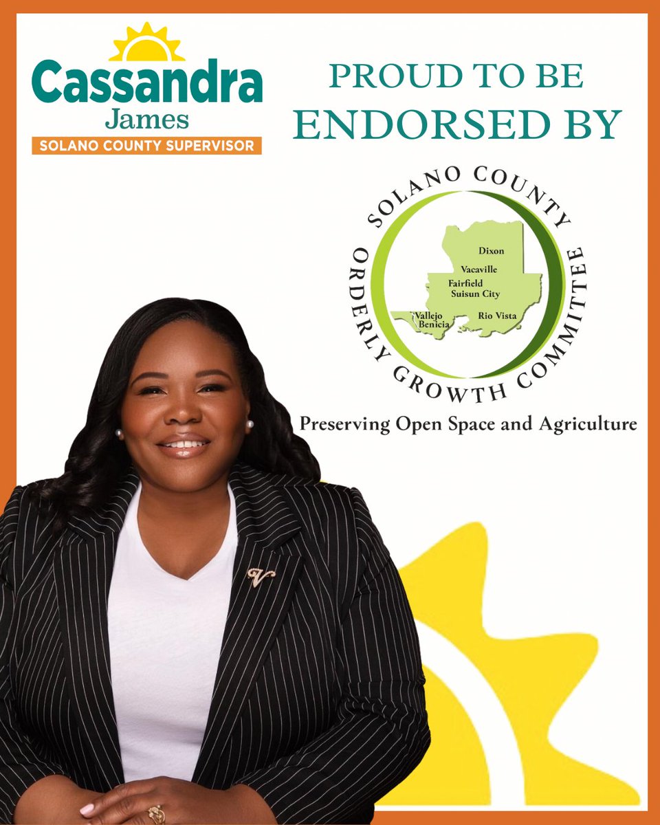 cassandracrj's tweet image. 🚨 MAJOR ENDORSEMENT 🚨

I am committed to building partnerships, advocating for environmentally-friendly policies within the county.

It is a honor to have earn the confidence of strong environmental Solano Orderly Growth.  #ItsTimeForAChange

Learn more: ElectCassandraJames.com