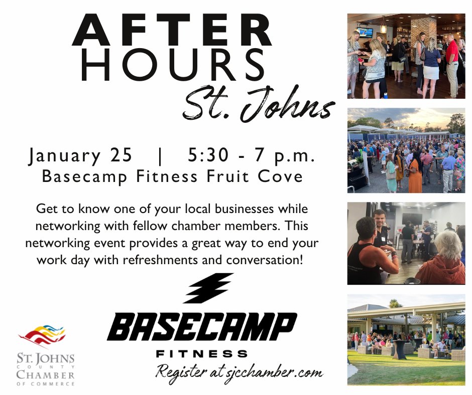 yoursjcchamber's tweet photo. Join us for an evening of fun at Basecamp Fitness Fruit Cove! Get to know one of your local businesses while networking with fellow chamber members. 

Register: https://t.co/DkVYmXUstc https://t.co/KpUrEv20YQ