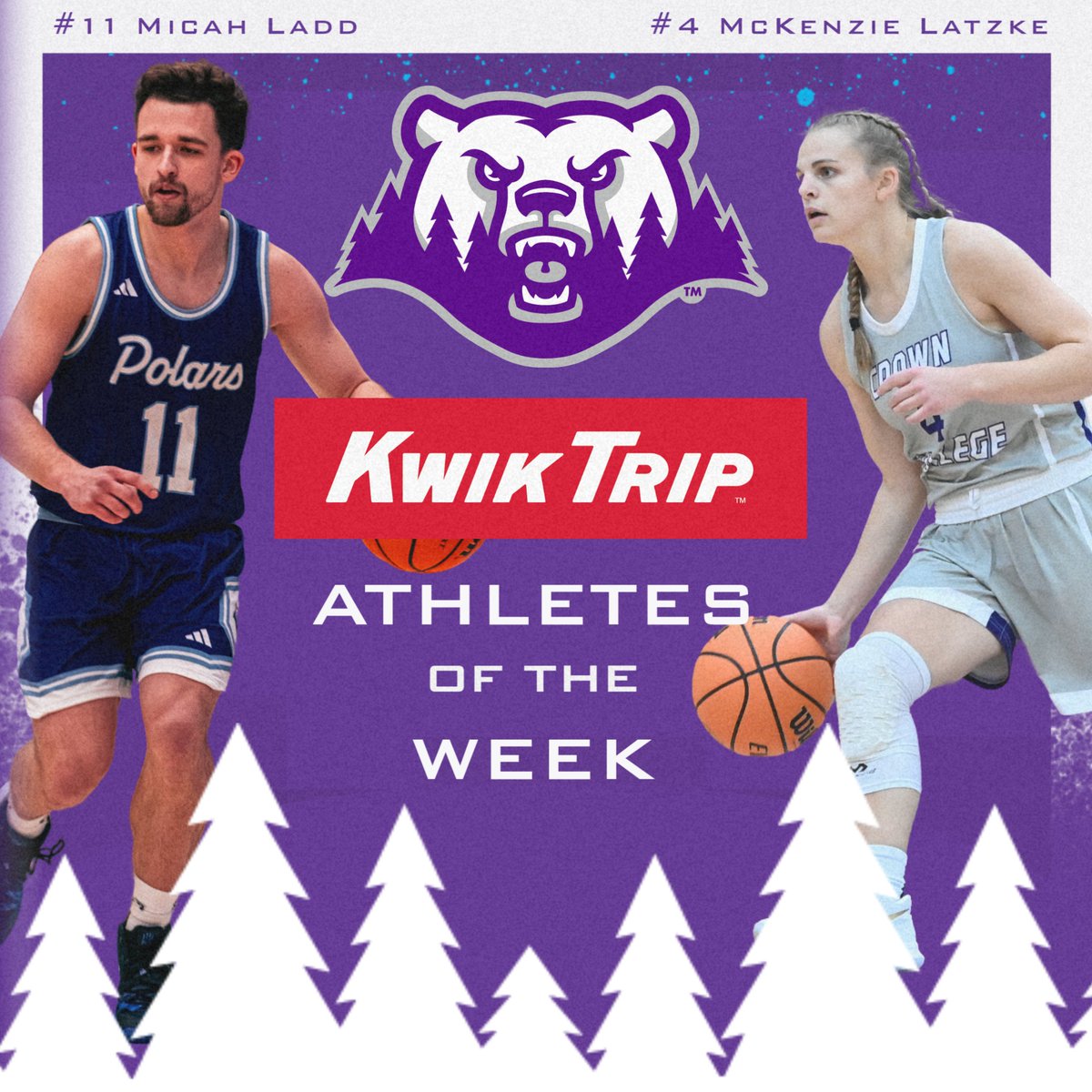 @KwikTrip Athletes of the Week @CrownCollegeMBB Ladd totaled 13 points with two clutch buckets in the last few minutes to take down Morris. @CrownWBB Latzke notched 30 points and a school record 8 threes. #d3hoops #GoPolars #athletes