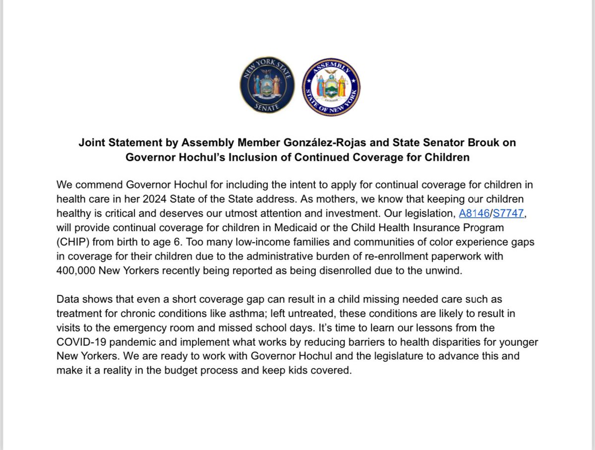 My Joint Statement with @SenatorBrouk on Governor Hochul’s Inclusion of Continued Coverage for Children