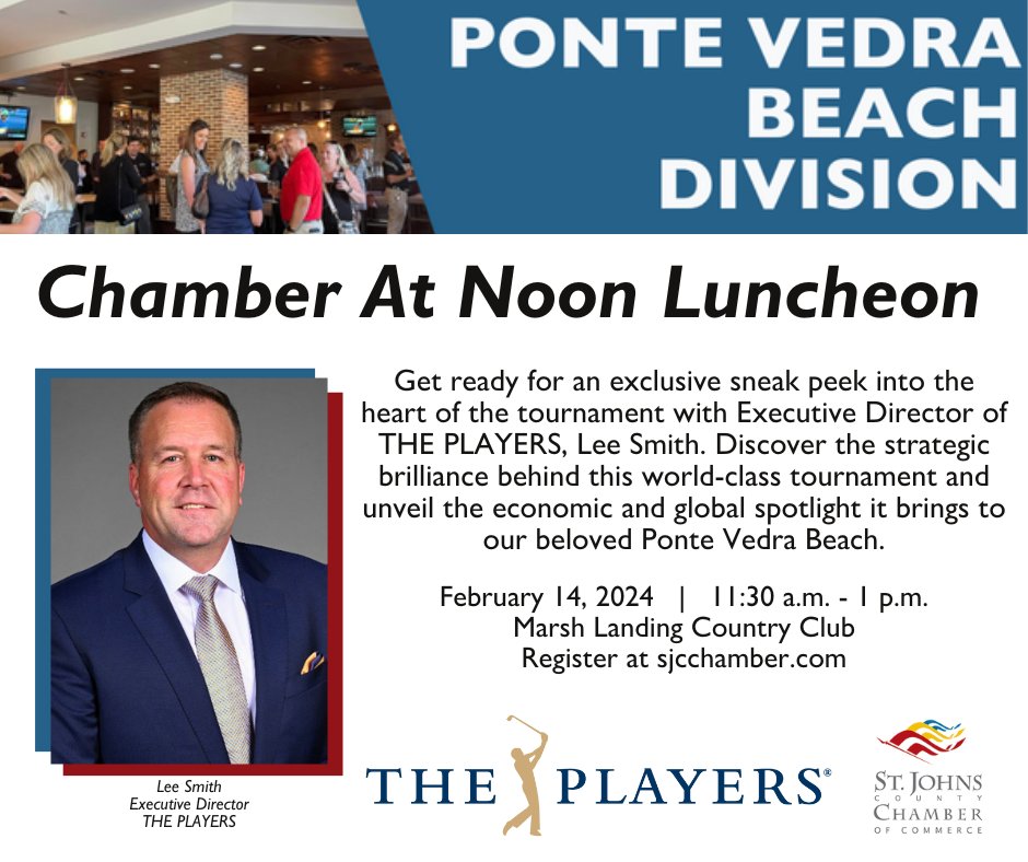 yoursjcchamber's tweet photo. Get ready for an exclusive sneak peek into the heart of the tournament w/Executive Director of THE PLAYERS, Lee Smith. Discover the strategic brilliance behind this world-class tournament and what’s in the pipeline for the 2024 tournament.

Register here: https://t.co/Tf1BEb19ec https://t.co/lsukasZ1XD