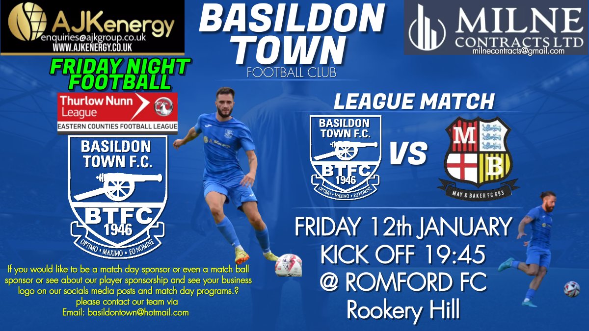 🔵Basildon Town Football Club🔵
🚨Next Match🚨
FRIDAY NIGHT FOOTY FOR ALL
Basildon Town FC vs <a href="/MayBakers/">May & Baker ECFC ⑥⑨③</a> 
FRIDAY 12th January
<a href="/RomfordFC/">Romford FC</a>  
K.O 19.45
Food and Drinks Available FROM 6PM
🍺🍔🍟🧋
All Support welcomed
Sponsored by AJK Energy Ltd &amp; Milne Contractors Ltd.
🔵UTT🔵