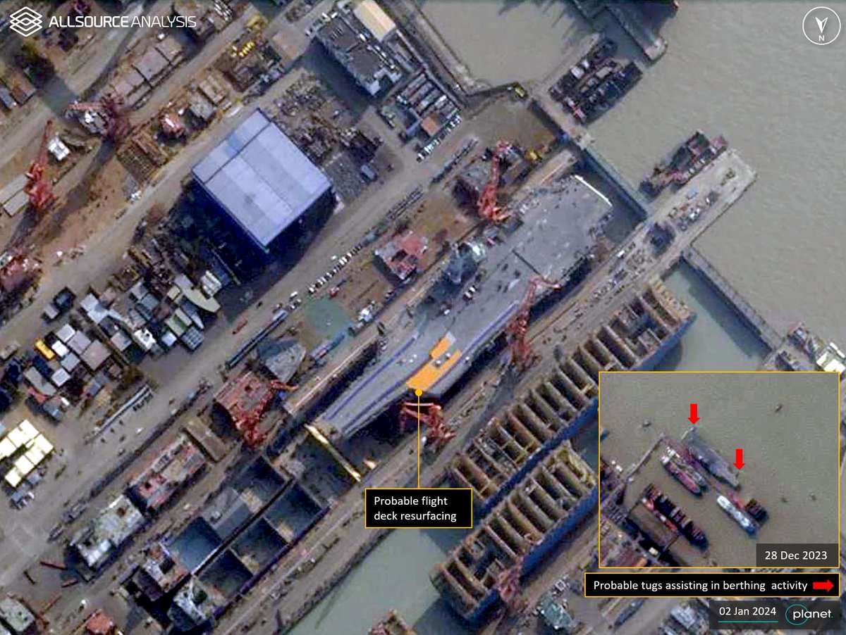 Analysis of GEOINT from 24 December 2023 to 06 January 2024, reveals that the aircraft carrier, Fujian had been moved to a dry dock. bit.ly/2oeCGCj #GEOINT #Geospatial #Intelligence #China #ChangxingIsland #Fujian