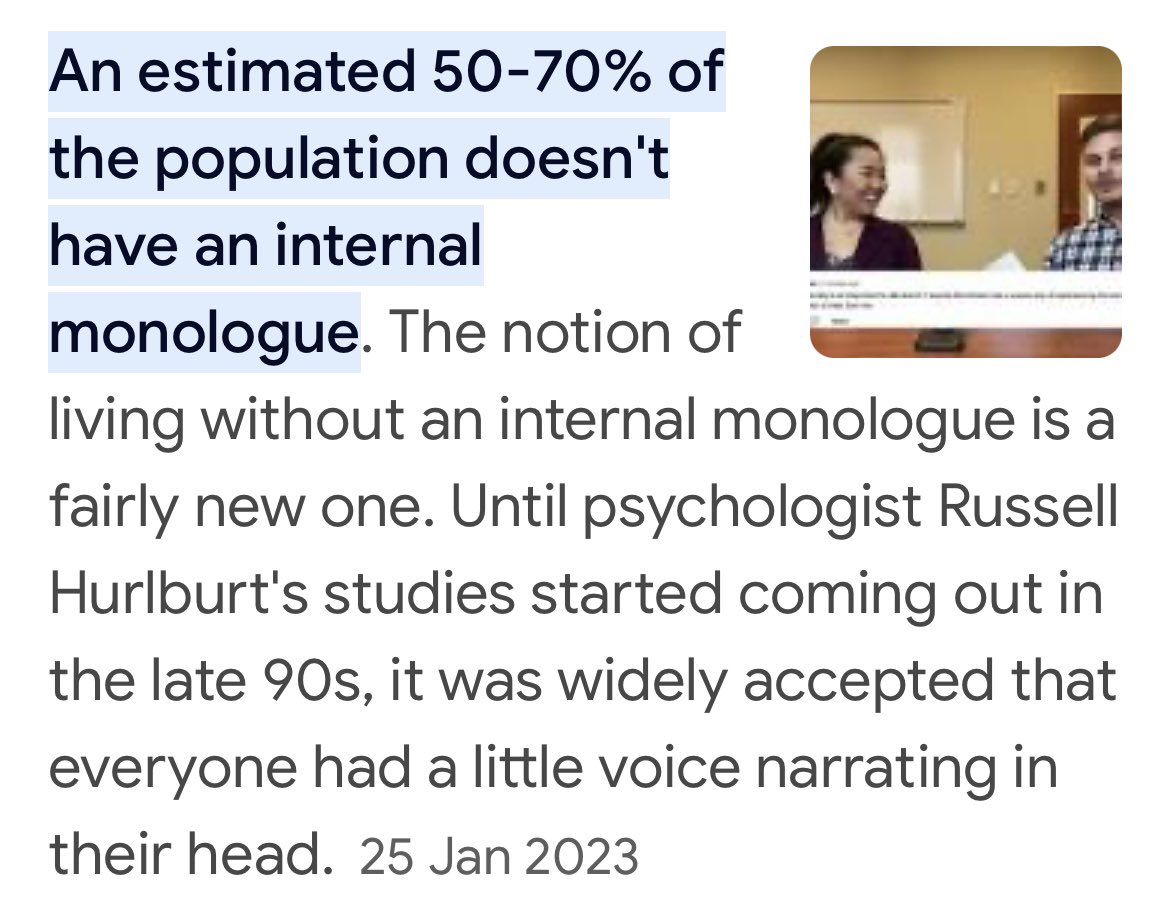 I wonder how many of those who don’t, are that way by choice.
I have several, this is not by choice.

I often need to ask myself a question, or to remind myself of something or to figure out a problem.
I can’t even imagine what it would be like to not have this voice bothering me