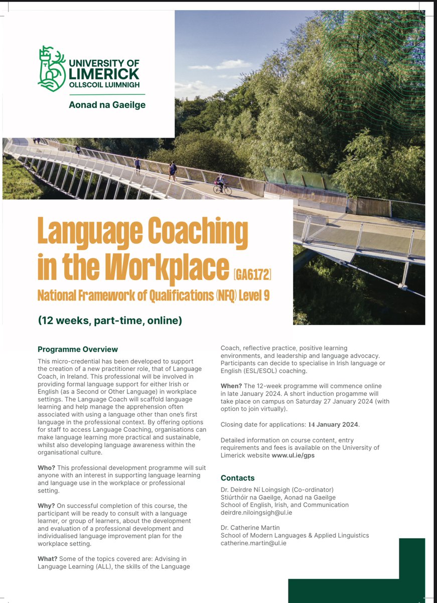 Excited about launching this novel short course for professional learners at the end of the month! Closing Date: Sun 14 Jan Final information session (in English this time) Thurs 11 Jan, 13.15 online Contact for meeting link: deirdre.niloingsigh@ul.ie @MicroCreds @UL_GPS