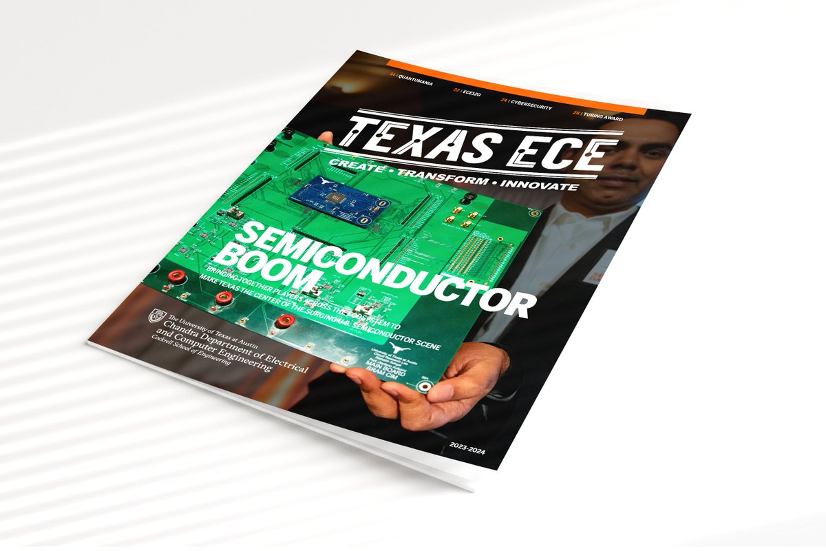 utexasece's tweet photo. The new 2023-2024 @utexasece magazine is here! Learn about the semiconductor boom, quantumania, and the future of cybersecurity. https://t.co/uqbZs39j2S #TexasEngineering #WhatStartsHere @CockrellSchool https://t.co/y89wRXkp5X