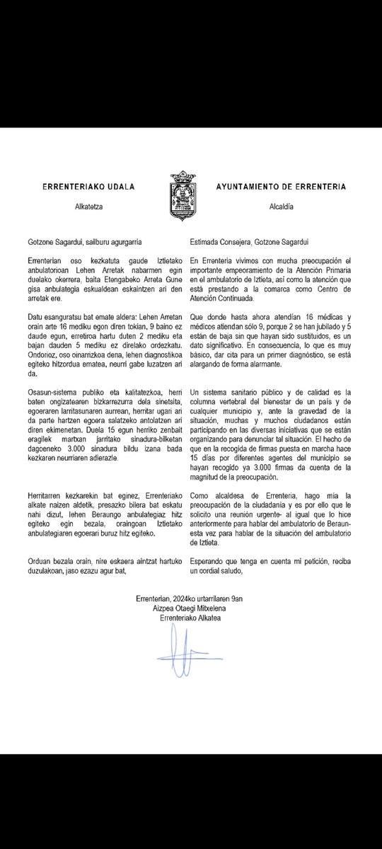 AizpeaOM's tweet image. Herritarrek egindako eskaerari erantzunez bilera eskatu diot Osasun Sailburuari #IztietakoAnbulatorioa|ren egoera larriaz hitz egiteko.

Lo hicimos con el Ambulatorio de Beraun. Lo hacemos con el de Iztieta: sumarnos a la demanda ciudadana de una sanidad pública y de calidad.