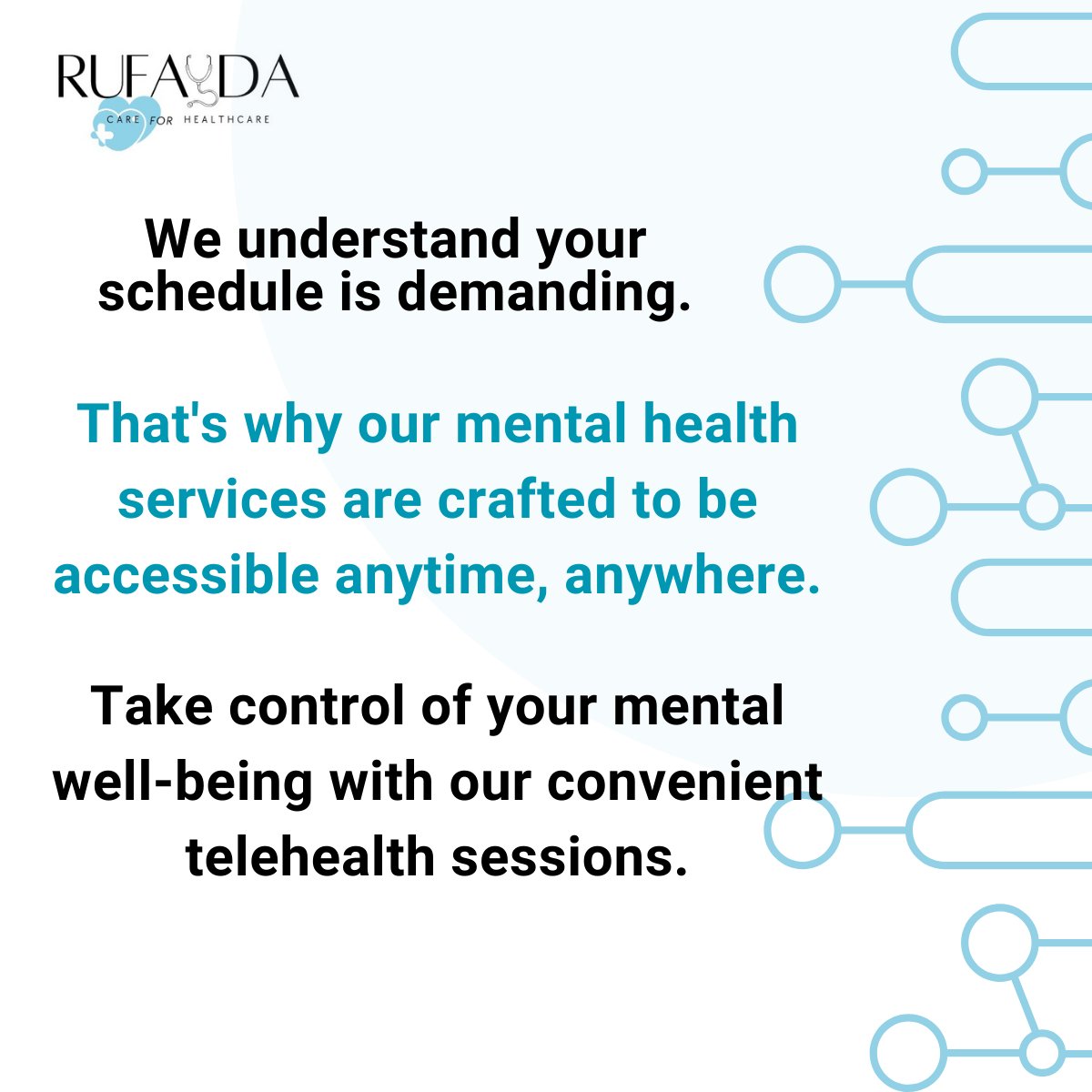Discover accessible well-being with Rufayda! 

Your demanding schedule met with convenience – our mental health services are crafted to be accessible anytime, anywhere. 

#RUFAYDA #MentalHealth #HealthcareWellBeing #MedTwitter