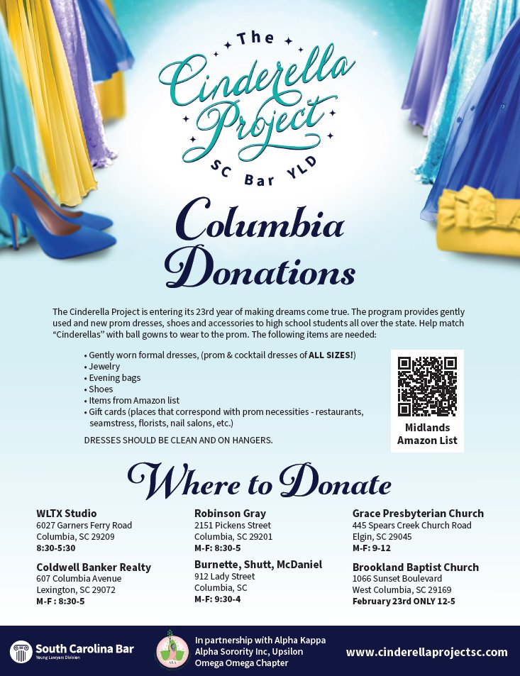 RobinsonGraySC's tweet image. We're excited to be a drop-off location for the @SCBarYLD's Cinderella Project! See the flyer below for  info on donations. Big thanks all the volunteers who put this event together each year, including our own Sarah Frierson, who is part of the 2024 Cinderella Project Committee.