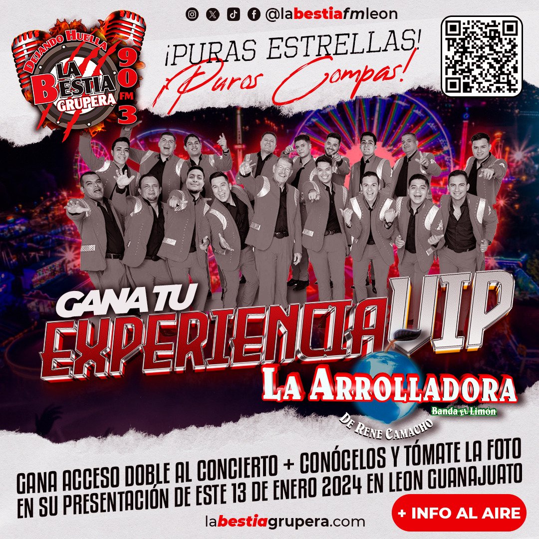 Participa para vivir la #ExperienciaVip con <a href="/Arrolladora/">La Arrolladora</a> este sábado 13 de enero.
Escucha a <a href="/LosCaradePerro/">Los Cara de Perro</a> <a href="/dianalandinfm/">𝘿𝙞𝙖𝙣𝙖 𝙇𝙖𝙣𝙙í𝙣</a> y #ChuyVazquez sigue la dinámica que ellos indiquen y podrás tomarte la foto y disfrutar del concierto de #Arrolladora en el #TeatroDelPueblo #FeriaLeón2024