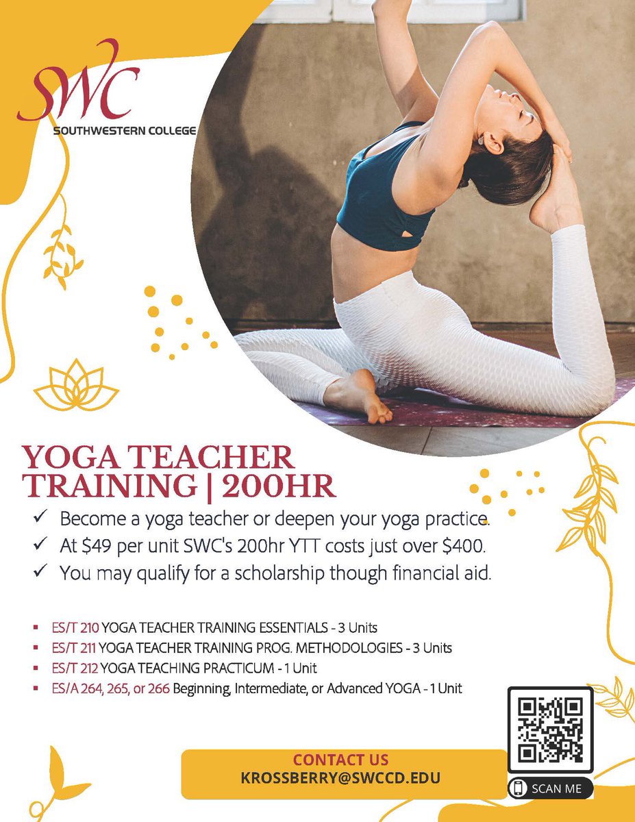 Yoga Teacher Training at Southwestern College begins January 29th. Veterans, active military, and others may be eligible for financial aid. Join us as we dive deep into the practices of yoga.