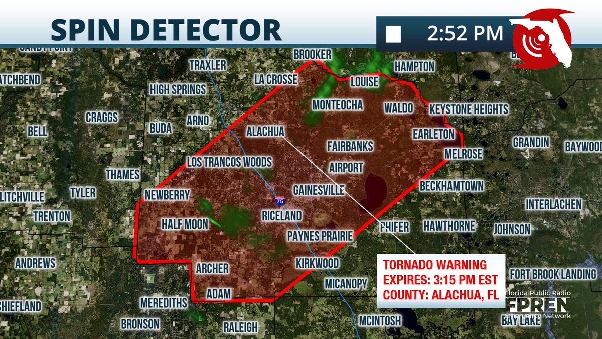 FloridaStorms's tweet image. There are two areas of weak rotation over #AlachuaCounty this hour. A tornado warning is in effect for Archer, Alachua, Gainesville, and Waldo. Stay inside away from windows! #FLwx