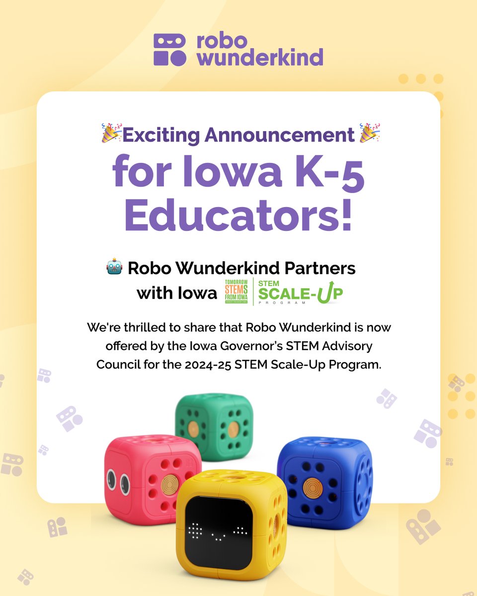 RoboWunderkind's tweet photo. 🎉 Exciting Announcement for Iowa K-5 Educators! 📷 📷@IowaSTEM
@IowaSTEM
#IowaEdChat #EdTech #ElemChat #ScaleUp #ScaleUpProgram #IowaSTEM https://t.co/MuWa29Skiv