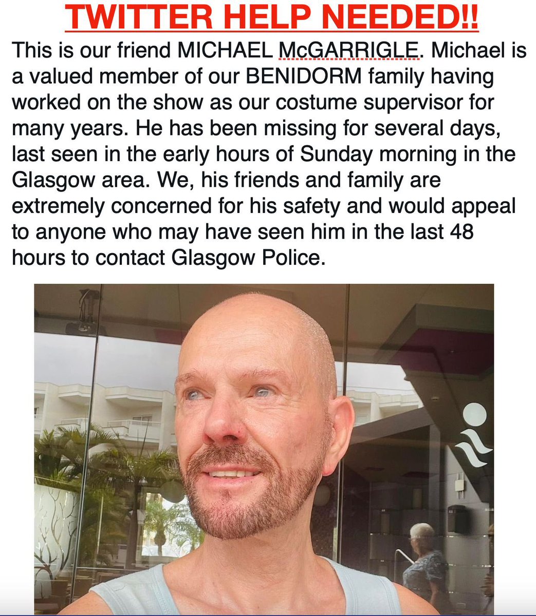 Please please help and spread this message 🙏🏻 #Glasgow #Missingperson #benidorm #benidormtvshow