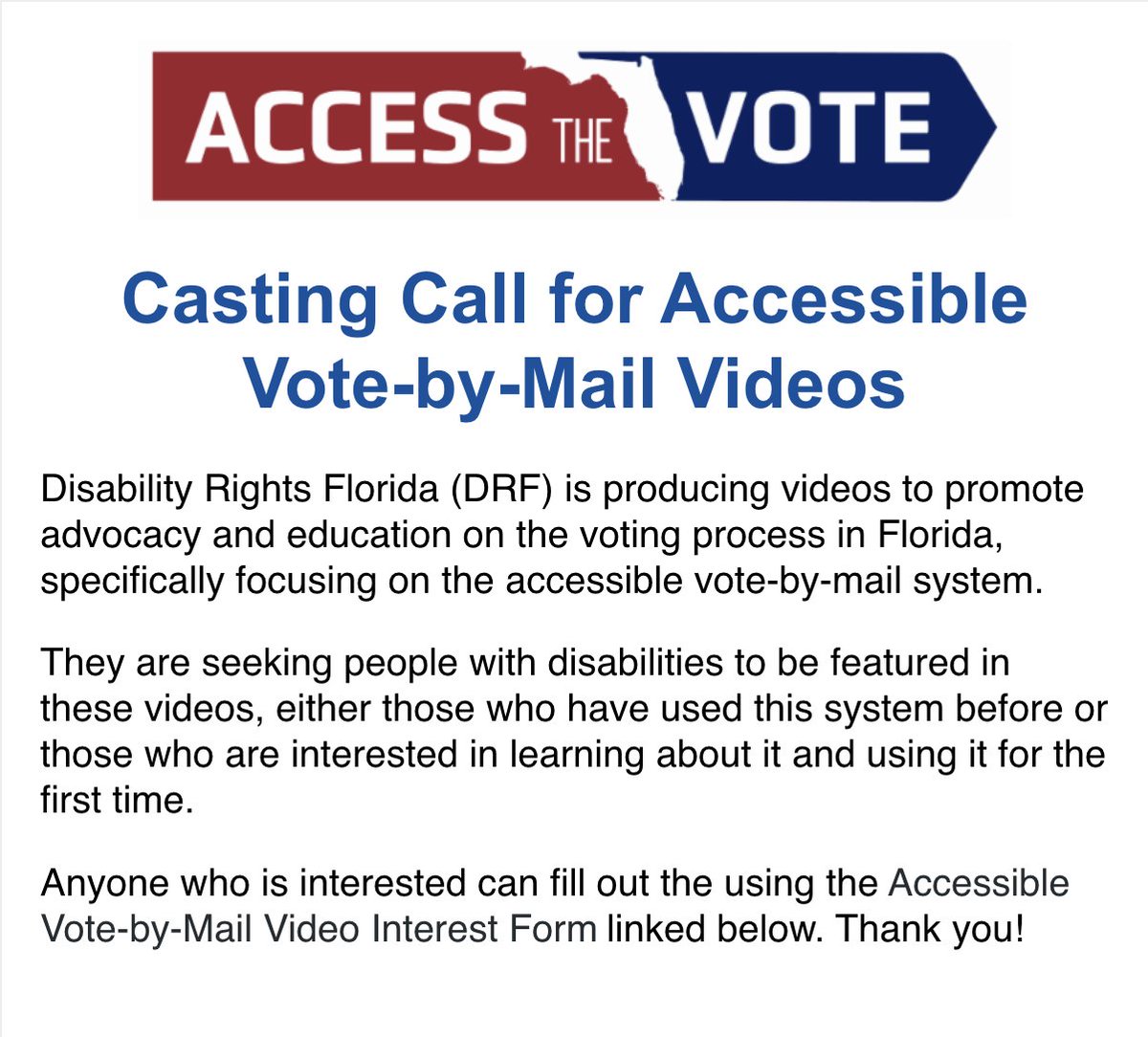 Casting Call for Accessible Vote-by-Mail Videos

@DisabilityRtsFL is producing videos about Florida's accessible vote-by-mail voting process.

They are seeking Floridians with disabilities to be featured in these videos: surveymonkey.com/r/WDVKJV2

#CripTheVote #DisabilityVote