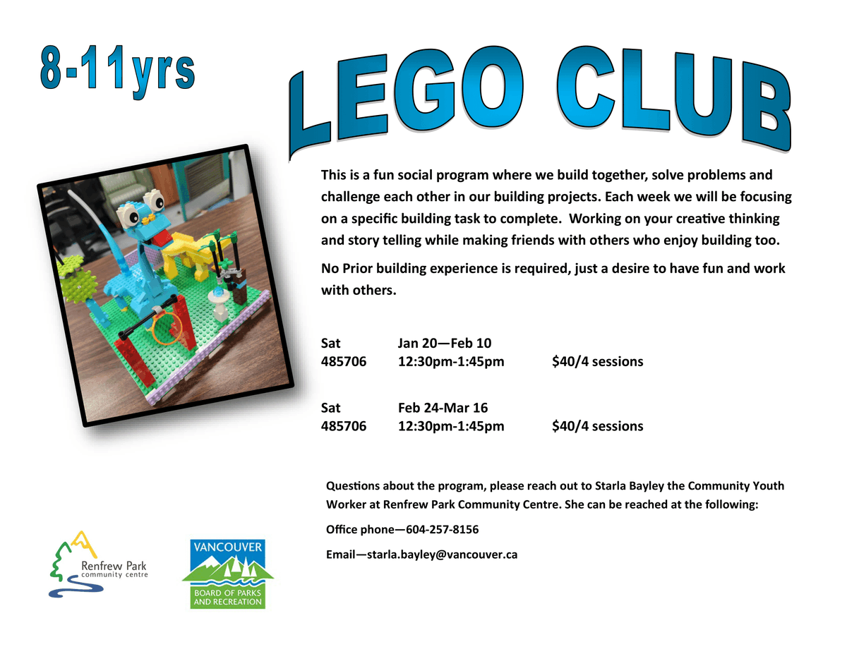 We still have spots in our Lego Club for ages 8-11 years old. Register today as programs will start in a couple of weeks.