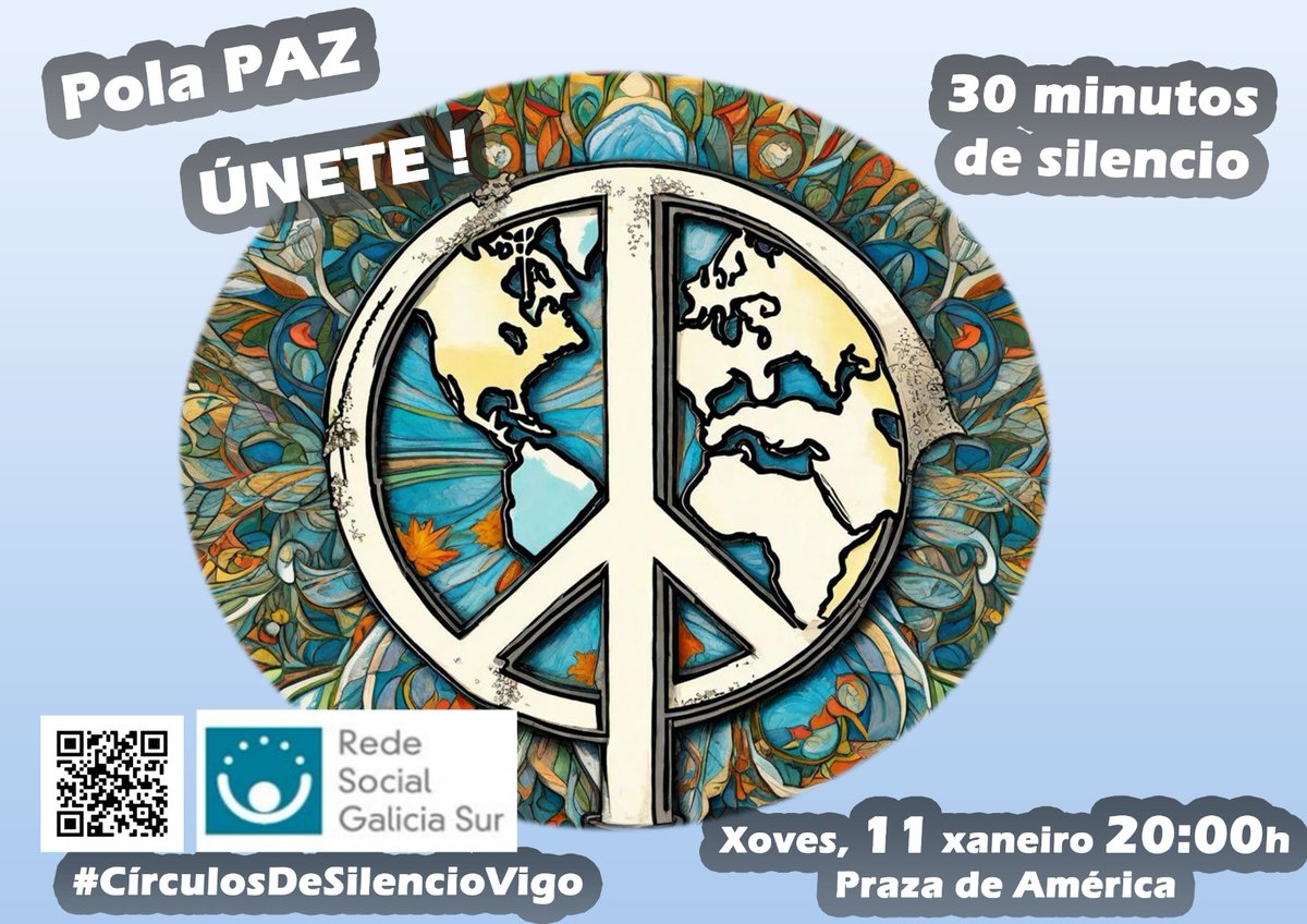 Comezamos o curso cun novo Círculo de Silencio. Será o día 11, ás 20:00, na Praza de América.
Desta vez, e ante a situación internacional de violencia e guerra en moitas rexións do mundo, queremos facer un chamamento pola Paz e contra todas as guerras.
#CírculosDeSilencioVigo