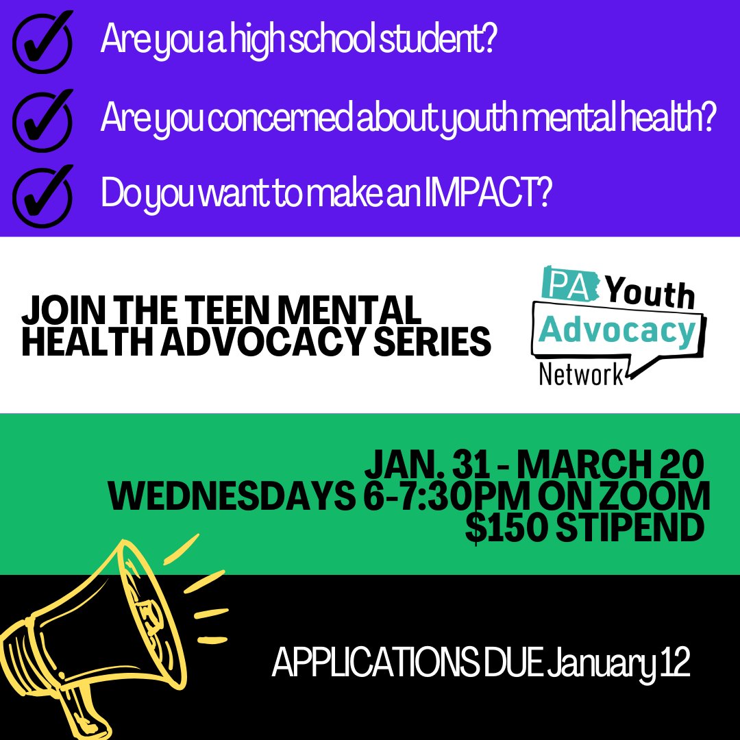 Our advocacy series convenes youth across PA to learn key advocacy skills and develop a project to share their perspectives around mental health to improve their community. Learn more & join today: hubs.li/Q02fQ-cy0 #youthmentalhealth #youthadvocacy