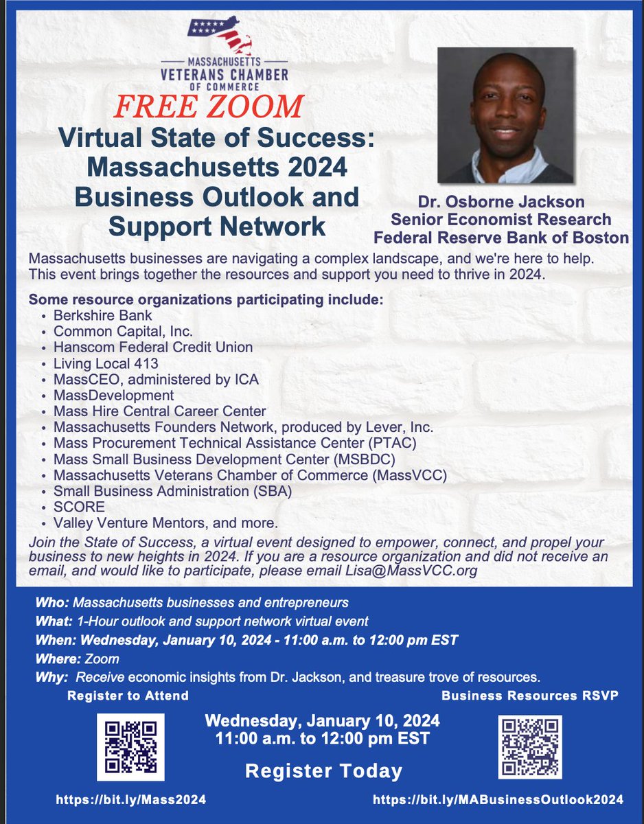 🚀 Excited for 'Virtual State of Success: Massachusetts 2024 Business Outlook' event! Jan 10, 2024. Key insights from Dr. Osborne Jackson 📈, updates on Corporate Transparency Act, and loads of support networks. Join us!  #BusinessGrowth
🔗 RSVP: hubs.li/Q02fSg-Q0