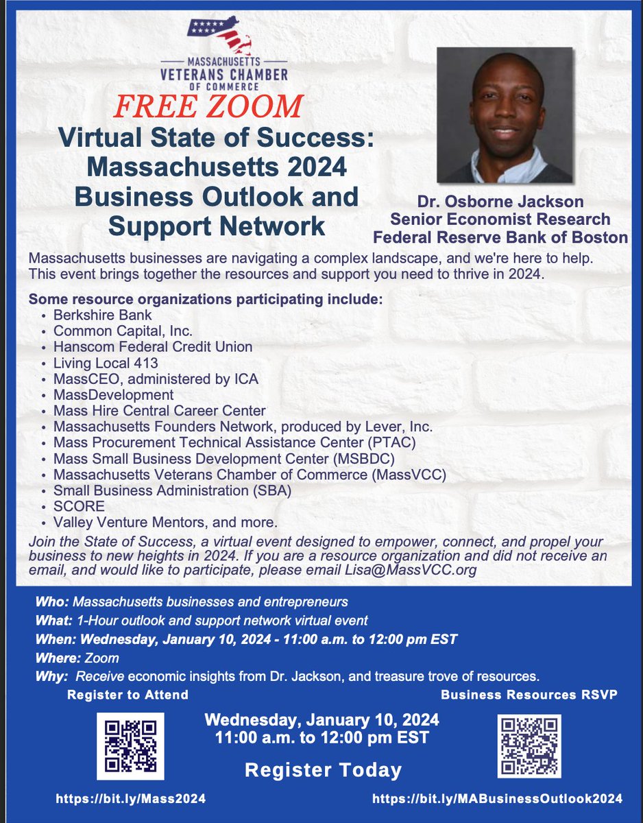 🚀 Excited for 'Virtual State of Success: Massachusetts 2024 Business Outlook' event! Jan 10, 2024. Key insights from Dr. Osborne Jackson 📈, updates on Corporate Transparency Act, and loads of support networks. Join us!  #BusinessGrowth
🔗 RSVP: hubs.li/Q02fSxGT0