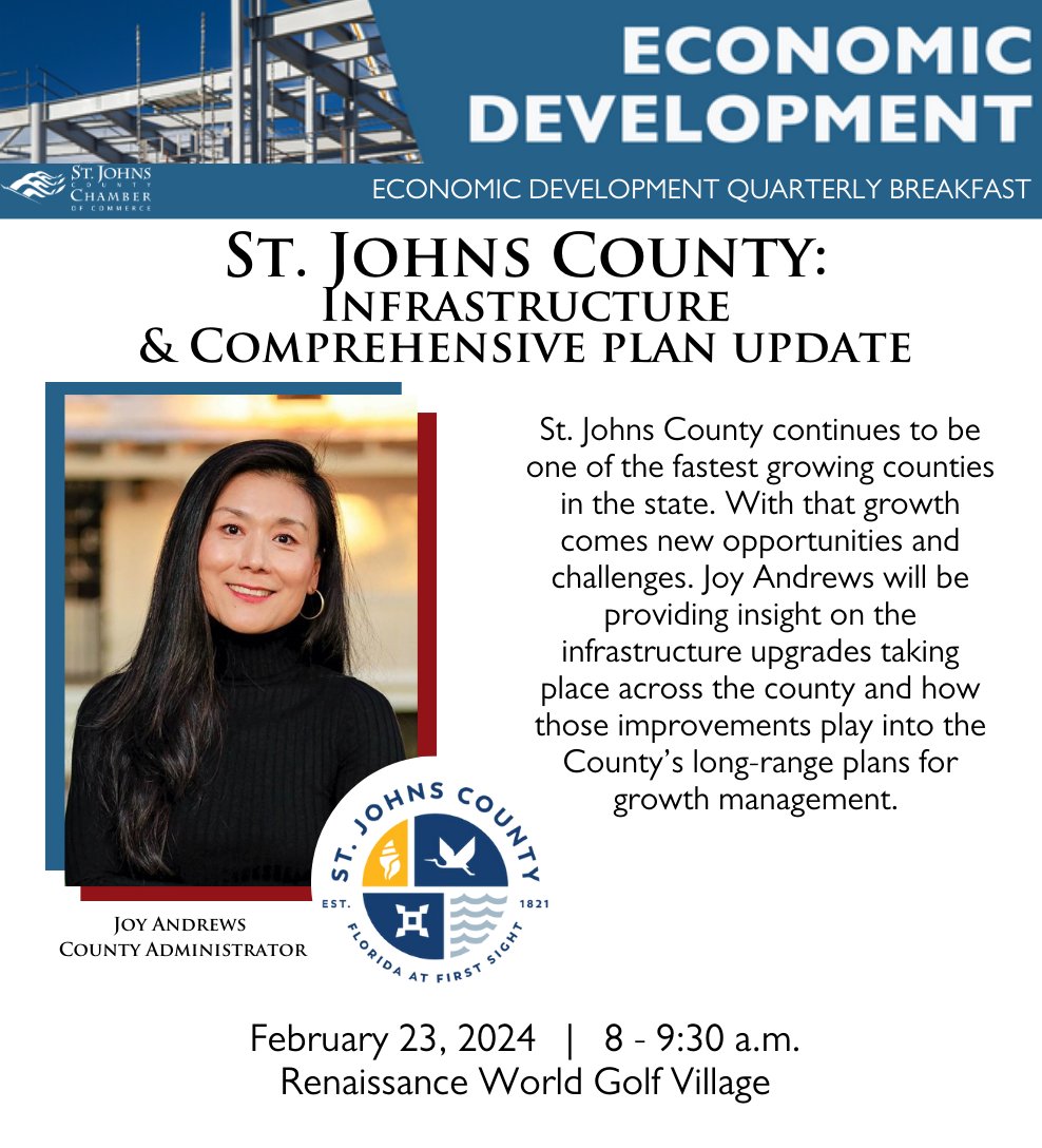 yoursjcchamber's tweet photo. Join us on February 23 as we hear from County Admin Joy Andrews as she provides insight on the infrastructure upgrades taking place around the county &amp; how those improvements play into the County's long-range plans for growth management.

Register here: https://t.co/M1j94YNwgk https://t.co/PkyfnXnBYa