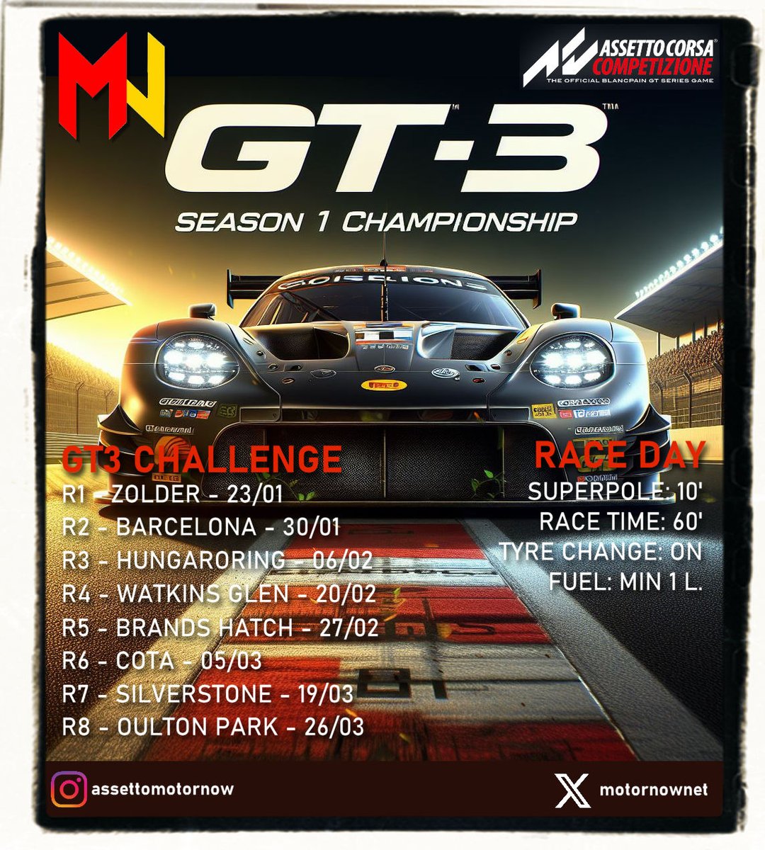 INSCRIPCIONES ABIERTAS!!

CAMPEONATO GT3 EN COMPETIZIONE...
nada mas que decir
nos vemos en la pista!!!!

Aqui teneis el enlace para inscribiros 
discord.com/channels/62031…