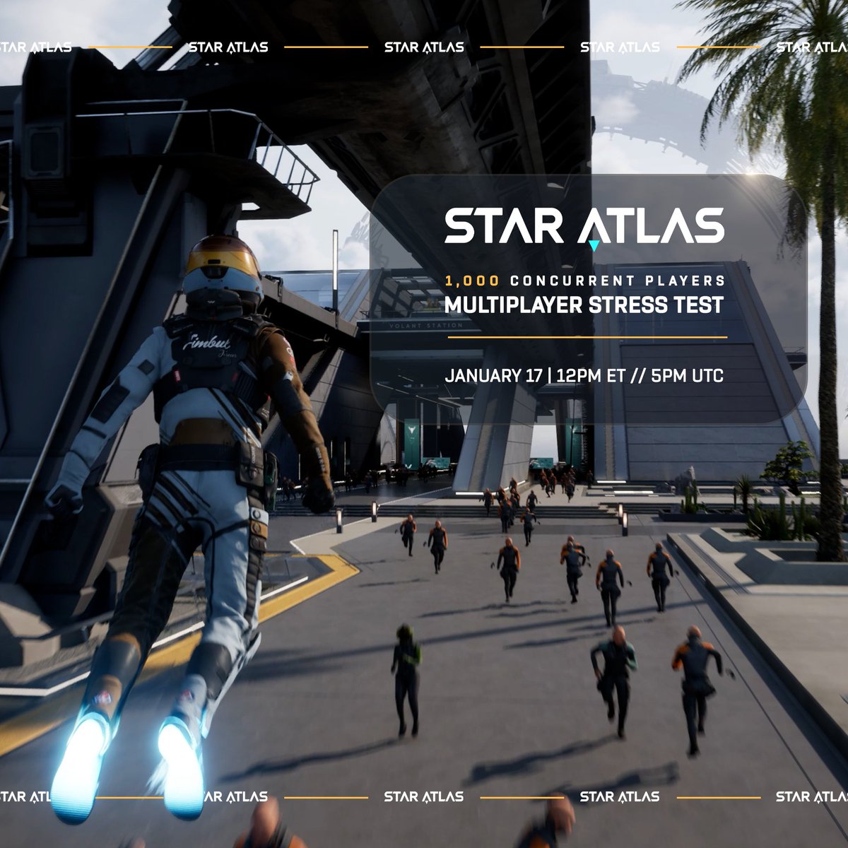 Ready to test the future of Web3 Gaming?

Join us on January 17 at 12PM ET for a 24 hour stress test of our new multiplayer system, targeting 1,000 concurrent players in a single lobby! 🔥

RT this tweet, tag a friend and we'll DM you a Star Atlas access key to help test! 👇